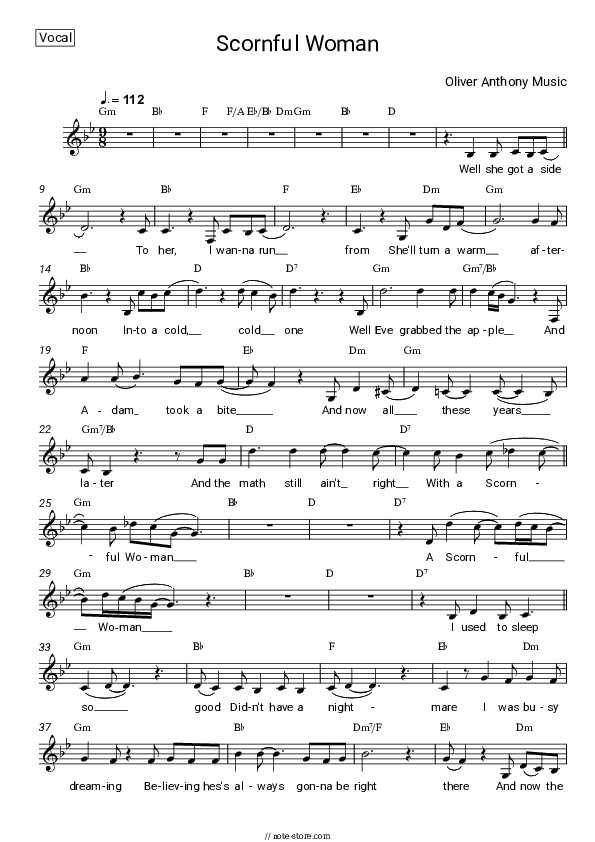 Scornful Woman - Oliver Anthony Music Vocal Sheet Music - Vocal