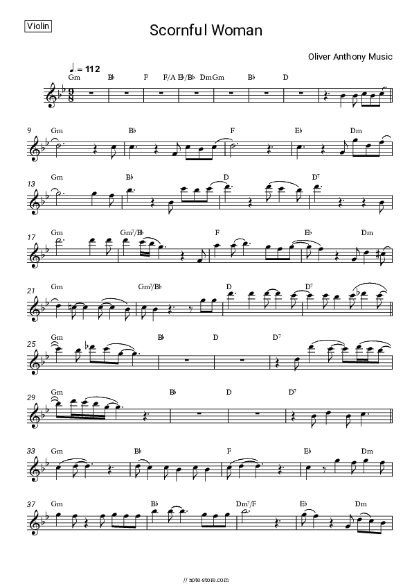 Scornful Woman - Oliver Anthony Music Violin Sheet Music - Violin