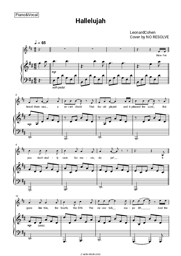 Hallelujah Goes Rock (Leonard Cohen Cover) - No Resolve Piano Sheet Music with the Voice part - Piano&Vocal