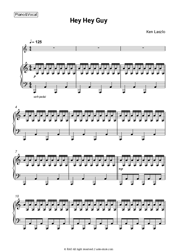 Hey Hey Guy - Ken Laszlo Piano Sheet Music with the Voice part - Piano&Vocal