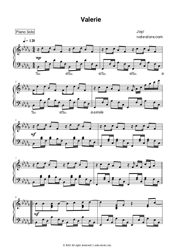 Valerie - Joy Piano Sheet Music - Piano.Solo