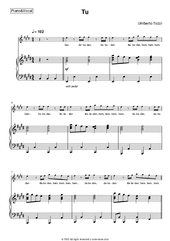 Tu - Umberto Tozzi Piano Sheet Music with the Voice part - Piano&Vocal