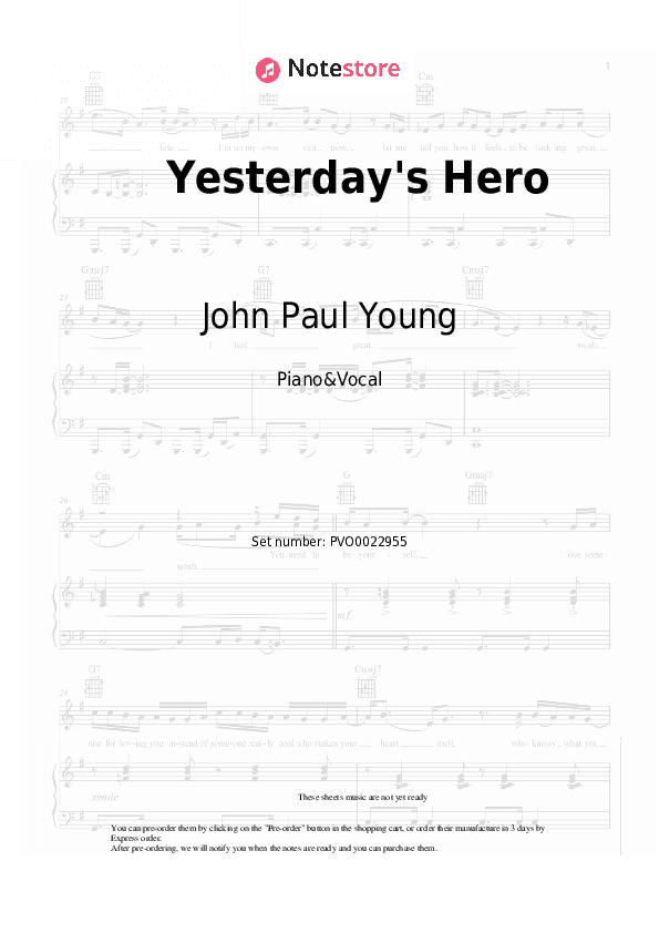 Yesterday's Hero - John Paul Young Piano Sheet Music with the Voice part - Piano&Vocal