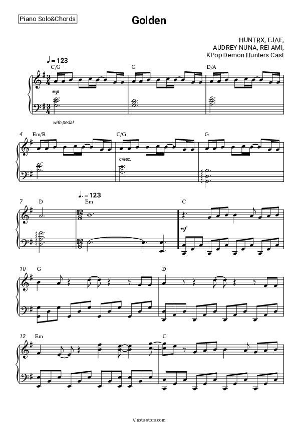 Golden - HUNTRX, EJAE, AUDREY NUNA, REI AMI, KPop Demon Hunters Cast Piano Sheet Music and Chords - Piano.Solo&Chords