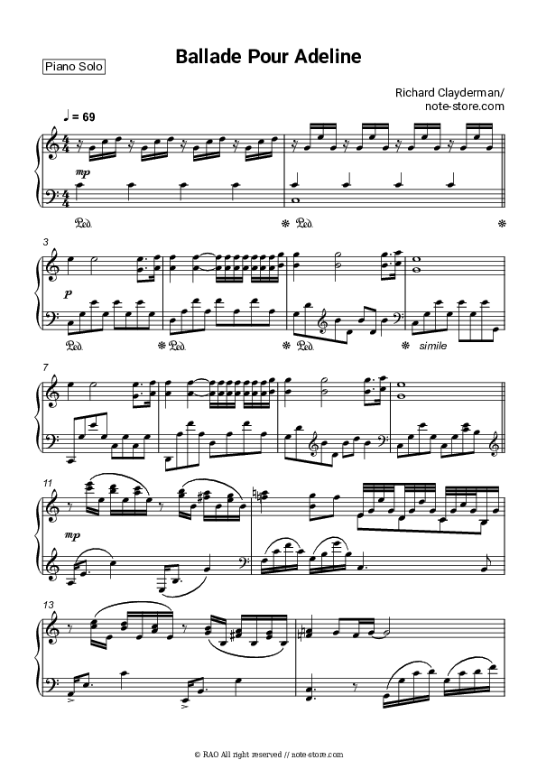 Ballade Pour Adeline - Richard Clayderman Piano Sheet Music - Piano.Solo