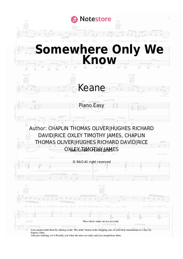 Somewhere Only We Know - Keane Piano Sheet Music Easy - Piano.Easy