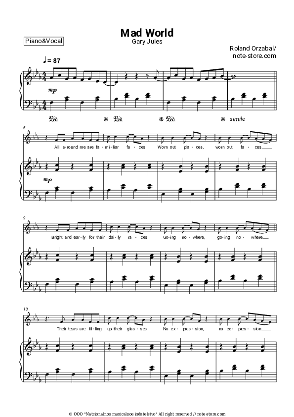 Mad World - Gary Jules Piano Sheet Music with the Voice part - Piano&Vocal