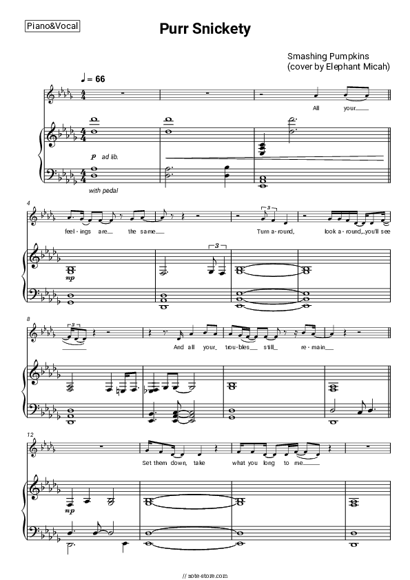 Purr Snickety - Elephant Micah Piano Sheet Music with the Voice part - Piano&Vocal