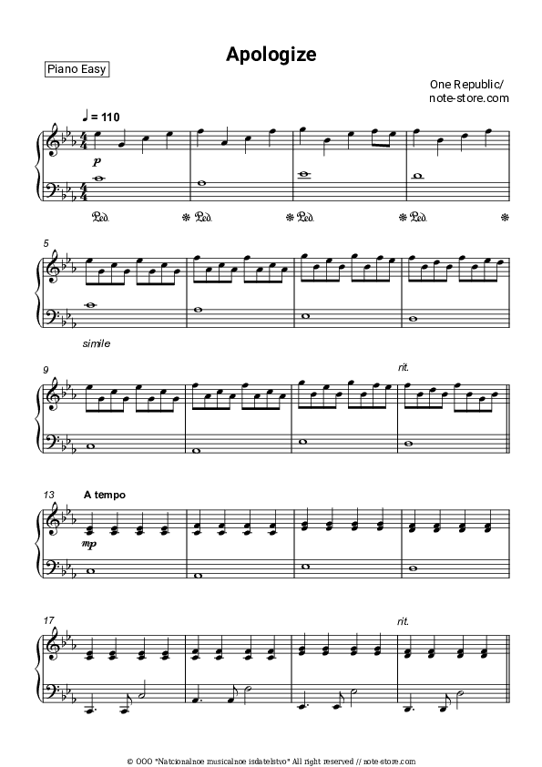 Apologize - OneRepublic Piano Sheet Music Easy - Piano.Easy