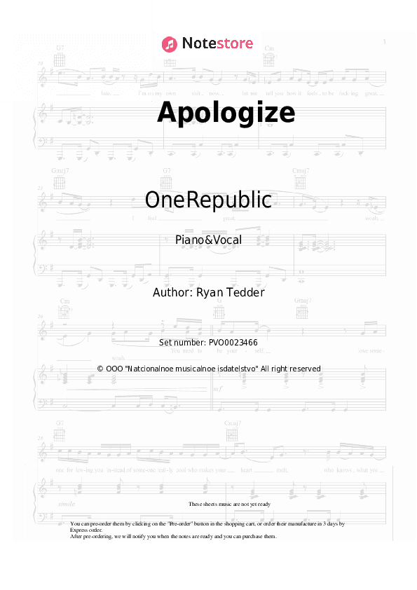 Apologize - OneRepublic Piano Sheet Music with the Voice part - Piano&Vocal