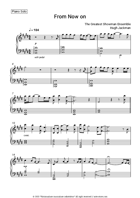 From Now on - The Greatest Showman Ensemble, Hugh Jackman Piano Sheet Music - Piano.Solo