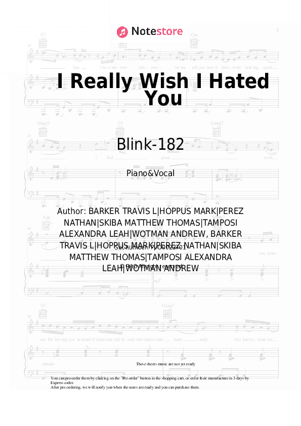 I Really Wish I Hated You - Blink-182 Piano Sheet Music with the Voice part - Piano&Vocal