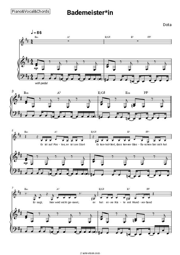 Bademeister*in - Dota Piano Sheet Music with the Vocal and Chords - Piano&Vocal&Chords