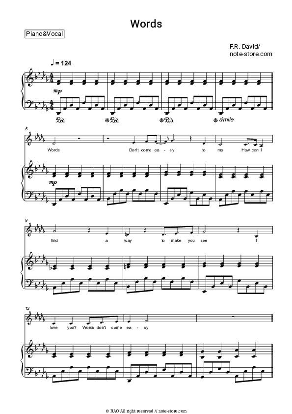 Words - F. R. David Piano Sheet Music with the Voice part - Piano&Vocal