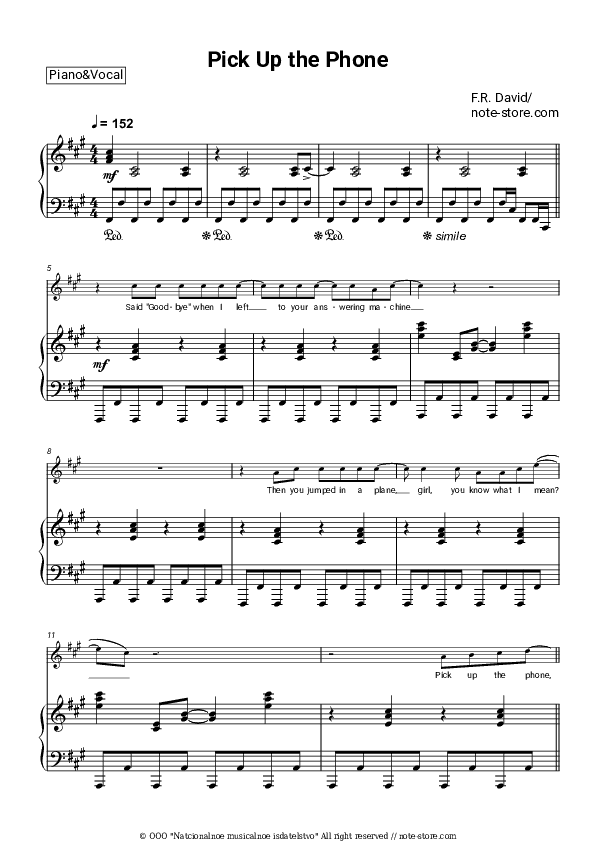 Pick Up the Phone - F. R. David Piano Sheet Music with the Voice part - Piano&Vocal