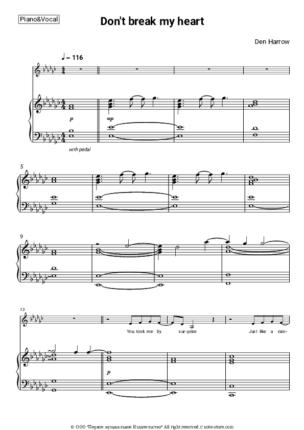 Don't break my heart - Den Harrow Piano Sheet Music with the Voice part - Piano&Vocal