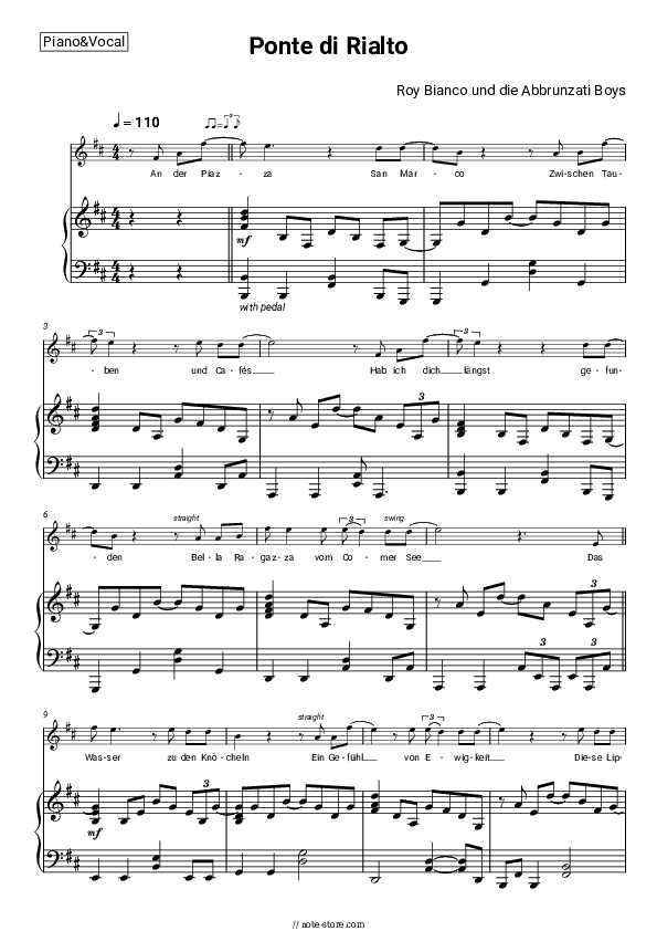 Ponte di Rialto - Roy Bianco & Die Abbrunzati Boys Piano Sheet Music with the Voice part - Piano&Vocal