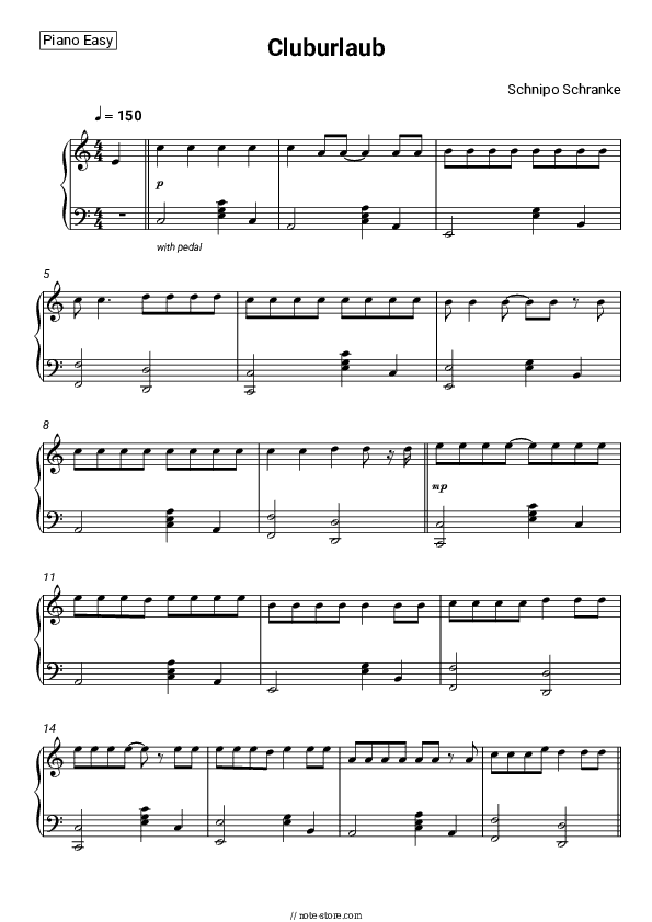Cluburlaub - Schnipo Schranke Piano Sheet Music Easy - Piano.Easy
