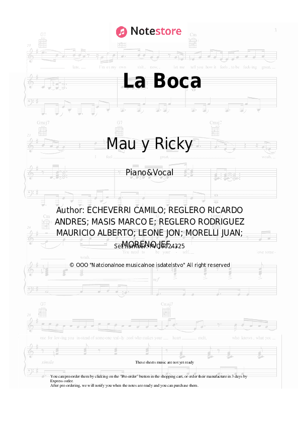La Boca - Mau y Ricky, Camilo Piano Sheet Music with the Voice part - Piano&Vocal