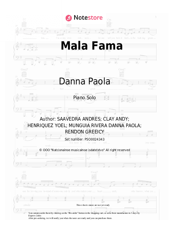 Mala Fama - Danna Paola Piano Sheet Music - Piano.Solo