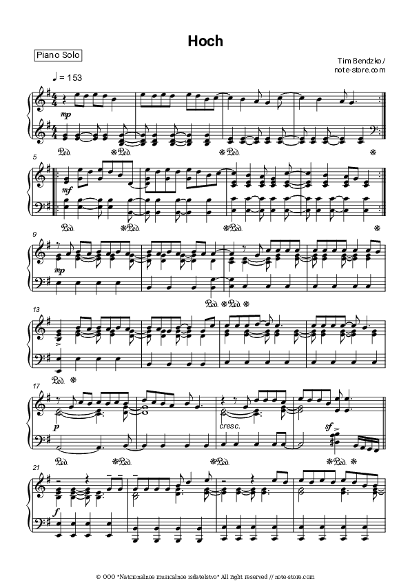 Hoch - Tim Bendzko Piano Sheet Music - Piano.Solo