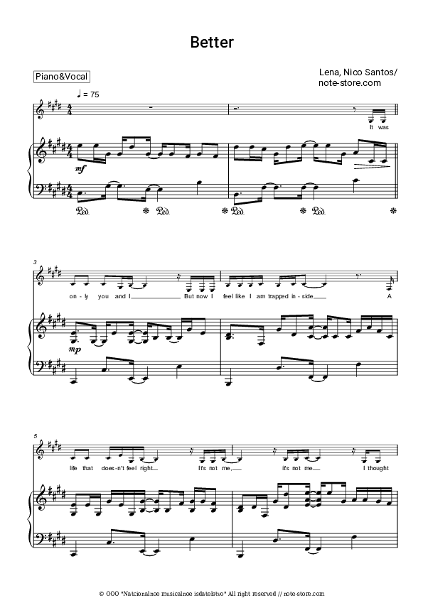 Better - Lena, Nico Santos Piano Sheet Music with the Voice part - Piano&Vocal