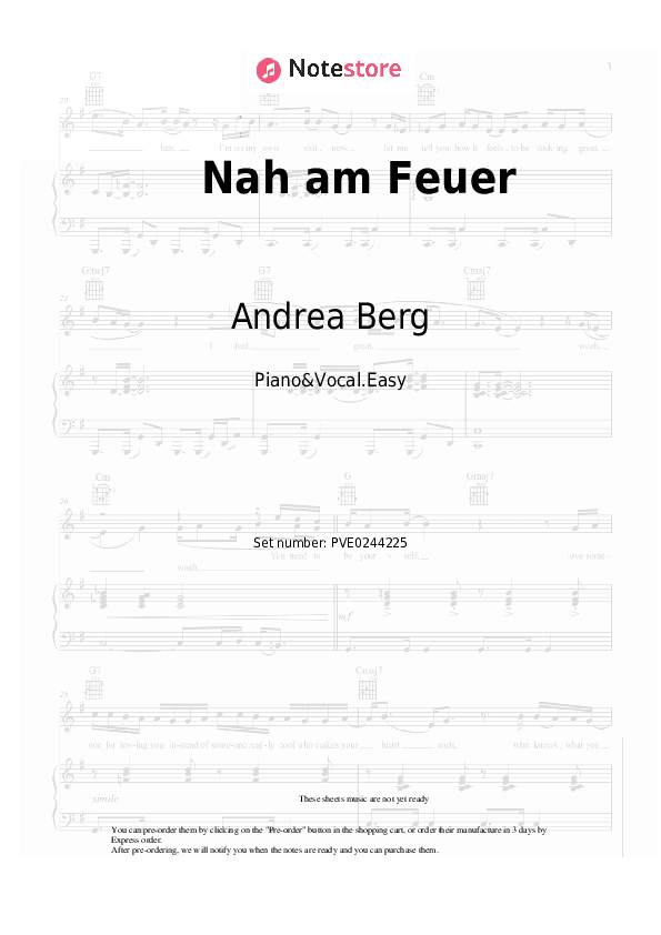 Nah am Feuer - Andrea Berg Piano Sheet Music Easy and Vocal - Piano&Vocal.Easy