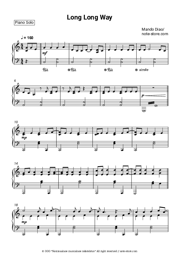 Long Long Way - Mando Diao Piano Sheet Music - Piano.Solo