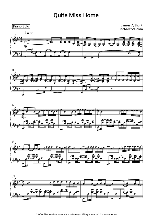 Quite Miss Home - James Arthur Piano Sheet Music - Piano.Solo