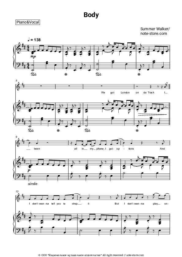 Body - Summer Walker Piano Sheet Music with the Voice part - Piano&Vocal