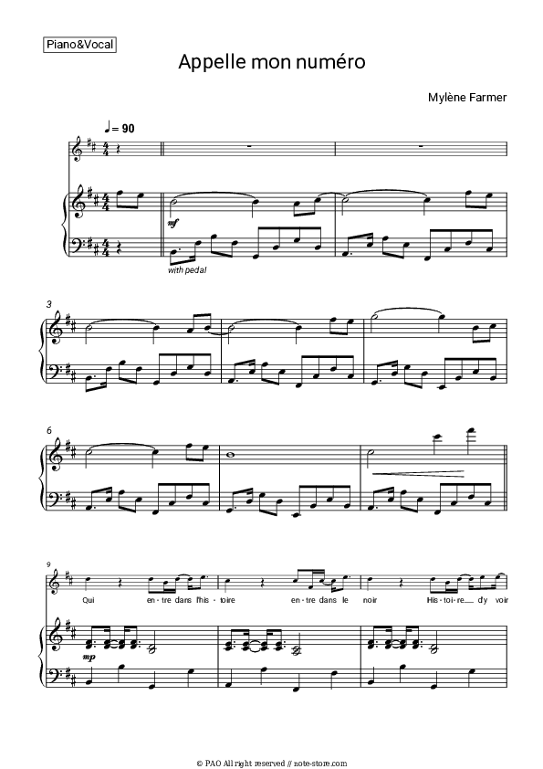 Appelle mon numero - Mylène Farmer Piano Sheet Music with the Voice part - Piano&Vocal