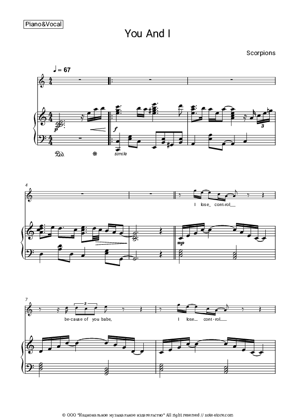 You and I - Scorpions Piano Sheet Music with the Voice part - Piano&Vocal