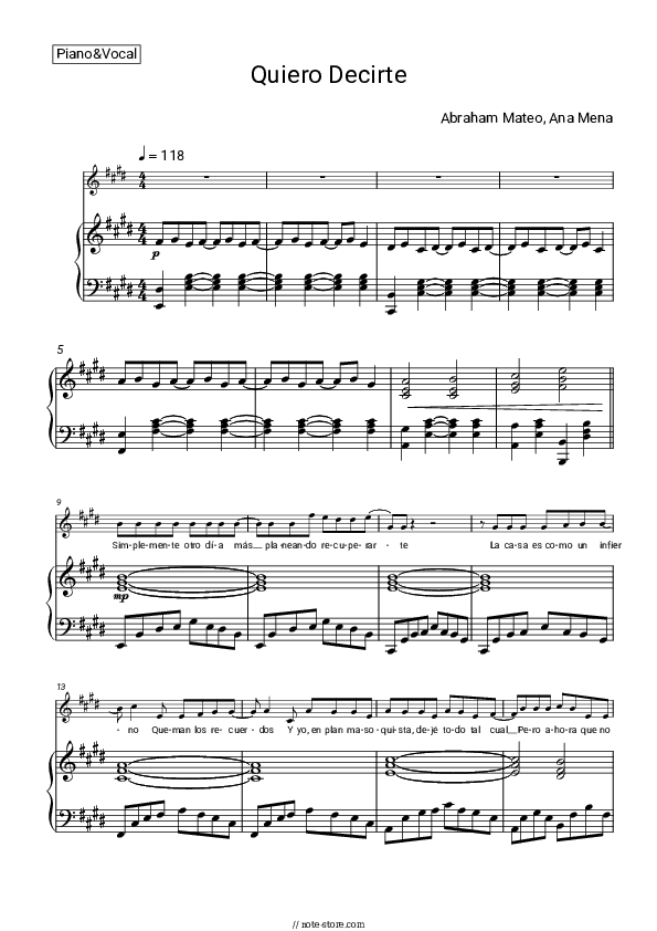 Quiero Decirte - Abraham Mateo, Ana Mena Piano Sheet Music with the Voice part - Piano&Vocal