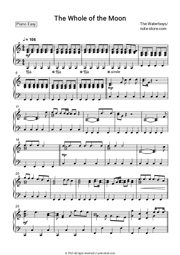 The Whole of the Moon - The Waterboys Piano Sheet Music Easy - Piano.Easy