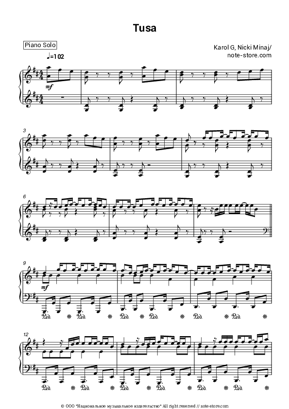 Tusa - Karol G, Nicki Minaj Piano Sheet Music - Piano.Solo