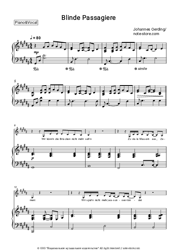 Blinde Passagiere - Johannes Oerding Piano Sheet Music with the Voice part - Piano&Vocal