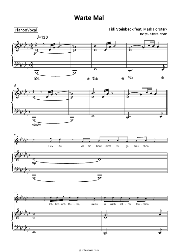 Warte Mal - Fidi Steinbeck, Mark Forster Piano Sheet Music with the Voice part - Piano&Vocal