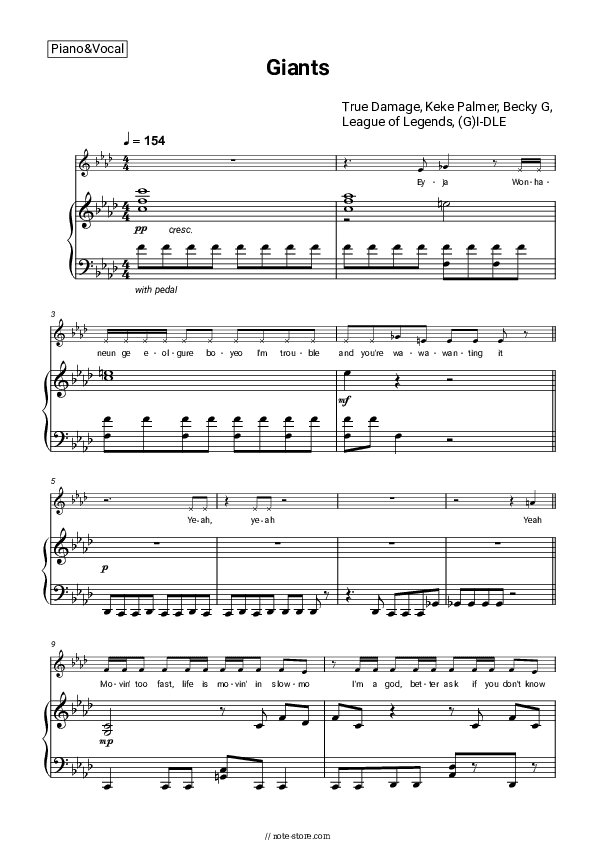 Giants - True Damage, Keke Palmer, Becky G, League of Legends, (G)I-DLE Piano Sheet Music with the Voice part - Piano&Vocal