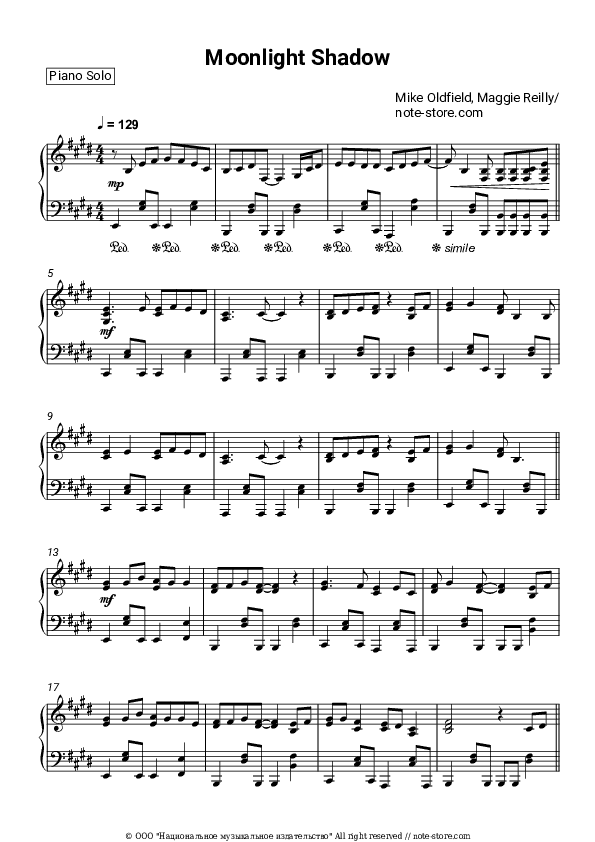 Moonlight Shadow - Mike Oldfield, Maggie Reilly Piano Sheet Music - Piano.Solo