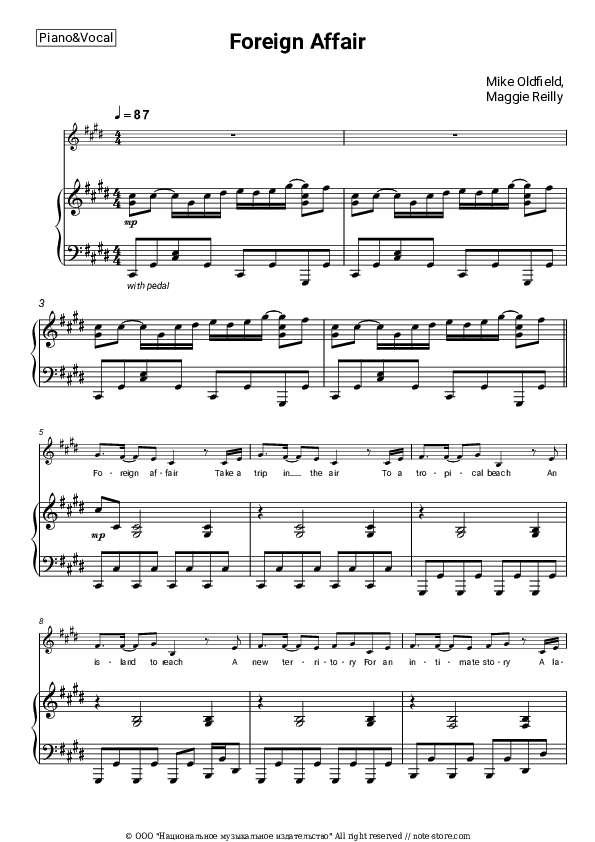 Foreign Affair - Mike Oldfield, Maggie Reilly Piano Sheet Music with the Voice part - Piano&Vocal