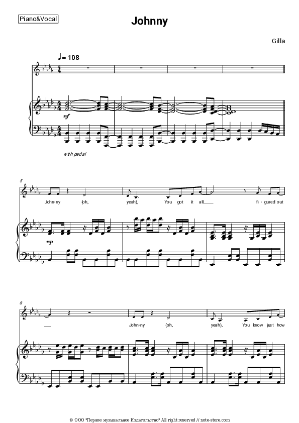 Johnny - Gilla Piano Sheet Music with the Voice part - Piano&Vocal