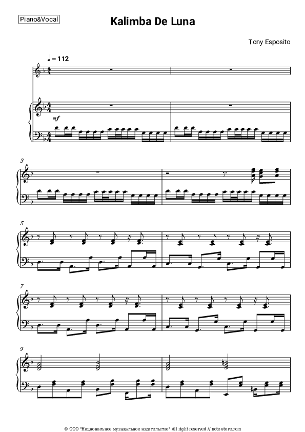 Kalimba De Luna - Tony Esposito Piano Sheet Music with the Voice part - Piano&Vocal