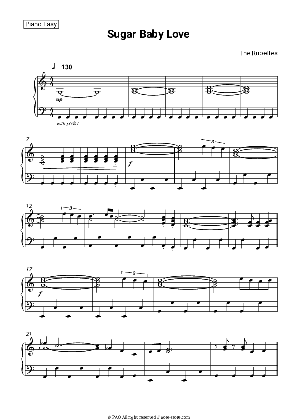 Sugar Baby Love - The Rubettes Piano Sheet Music Easy - Piano.Easy