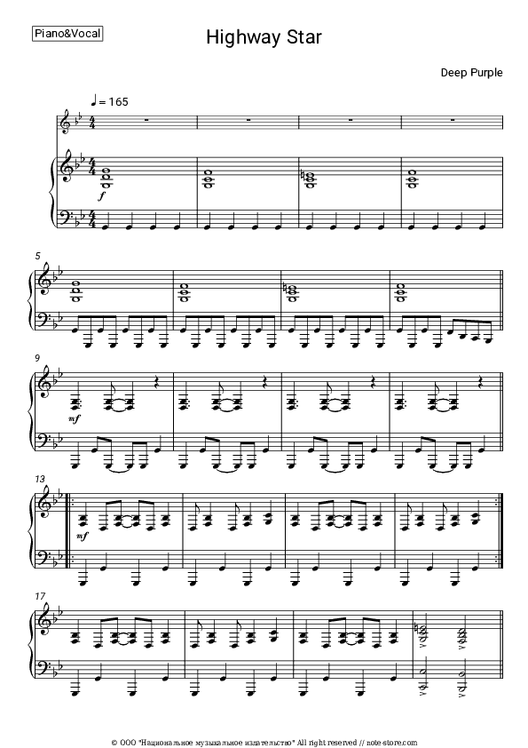 Highway Star - Deep Purple Piano Sheet Music with the Voice part - Piano&Vocal