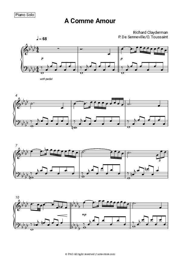 A Comme Amour - Richard Clayderman Piano Sheet Music - Piano.Solo