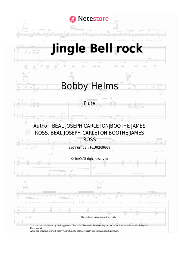 Jingle Bell rock - Bobby Helms, Christmas carol Flute Sheet Music - Flute