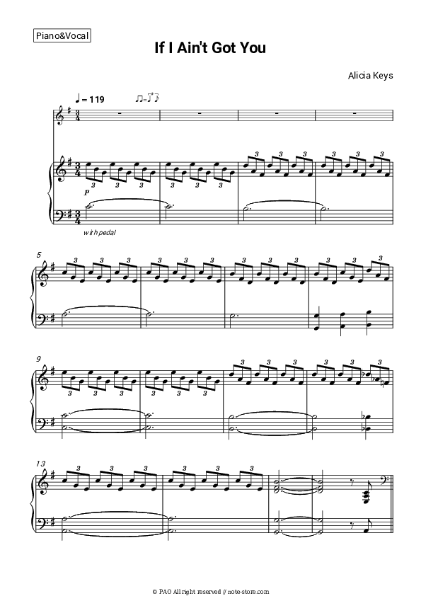 If I Ain't Got You - Alicia Keys Piano Sheet Music with the Voice part - Piano&Vocal