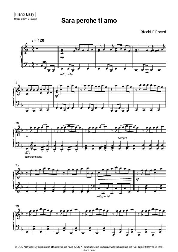 Sara perche ti amo - Ricchi e Poveri Piano Sheet Music Easy - Piano.Easy