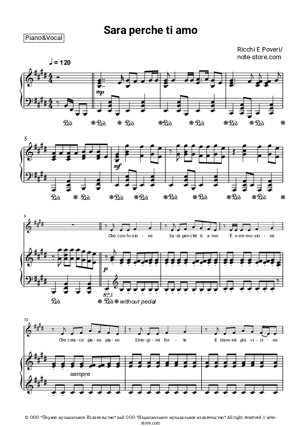 Sara perche ti amo - Ricchi e Poveri Piano Sheet Music with the Voice part - Piano&Vocal