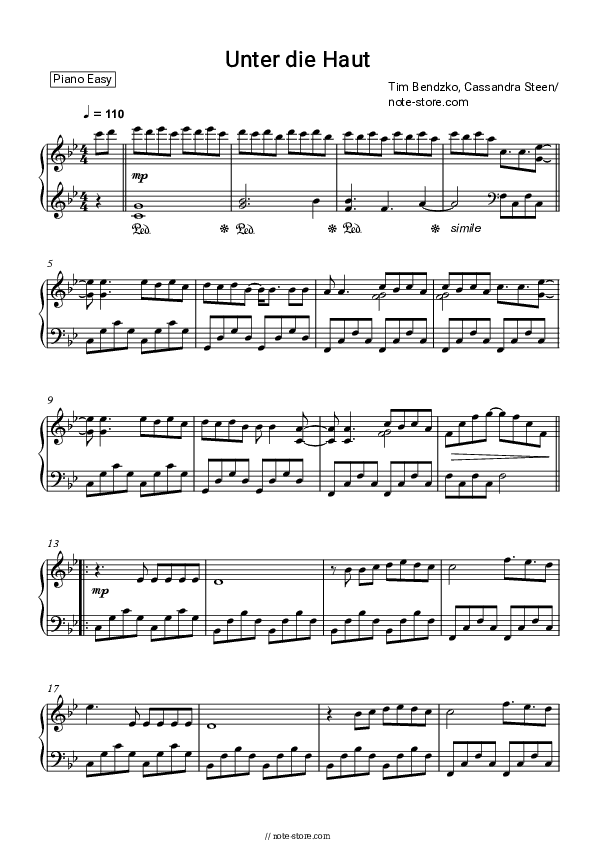 Unter die Haut - Tim Bendzko, Cassandra Steen Piano Sheet Music Easy - Piano.Easy
